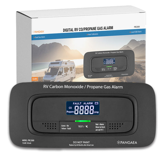 PANGAEA RV Carbon Monoxide & Propane Dual Gas Detector - Hard-Wired DC 12V, Large LCD Display, 85dB Loud Alarm, Easy Rest/Test Button - Ultimate Safety for Your Adventures (Flush Mount - Black)