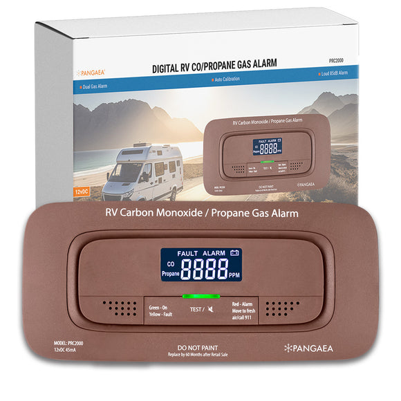 PANGAEA RV Carbon Monoxide & Propane Dual Gas Detector - Hard-Wired DC 12V, Large LCD Display, 85dB Loud Alarm, Easy Rest/Test Button - Ultimate Safety for Your Adventures (Flush Mount - Brown)